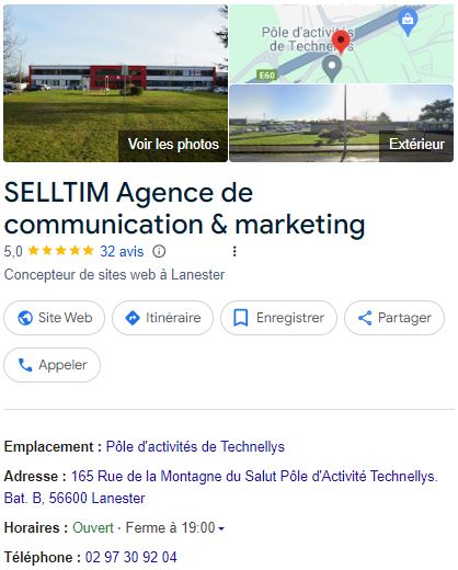 Exemple d'une fiche Google Profile pour l'entreprise Selltim.